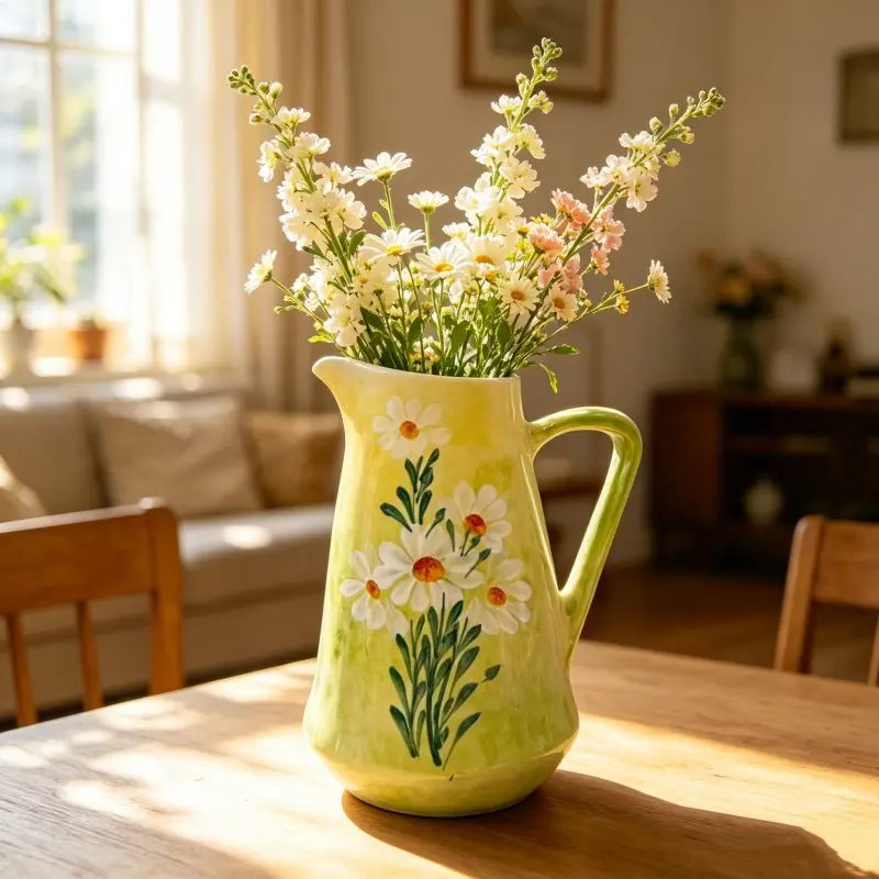 Hand-Painted Daisy Ceramic Vase with Handle, Gradient Floral Decor, Rustic Home Decoration, Suitable for Fresh or Dried Flowers