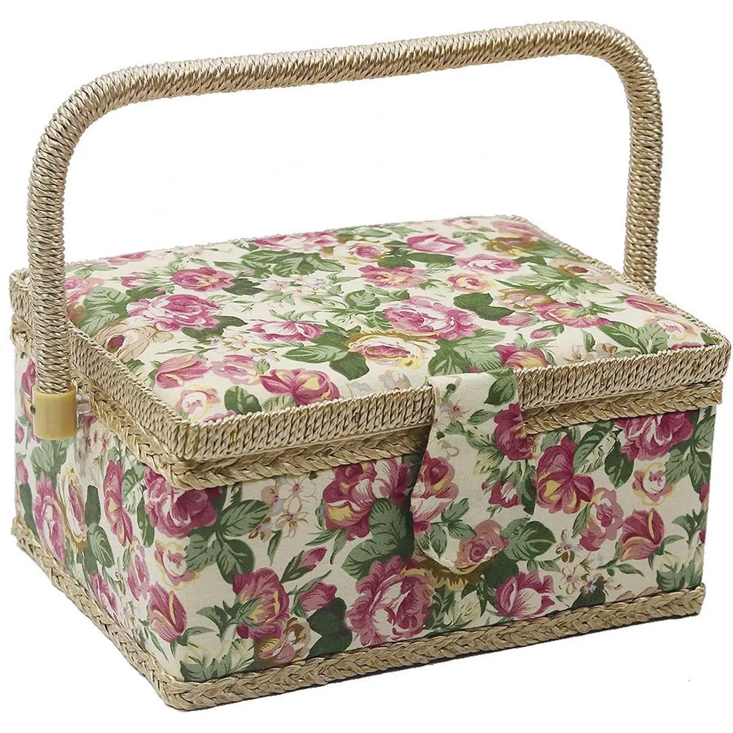 Medium Wooden Sewing Basket with Accessories, Sewing Organizer Box for Sewing Supplies DIY Crafting Tools Storage, Sewing Kit for Sewing Mending (Rose flower)