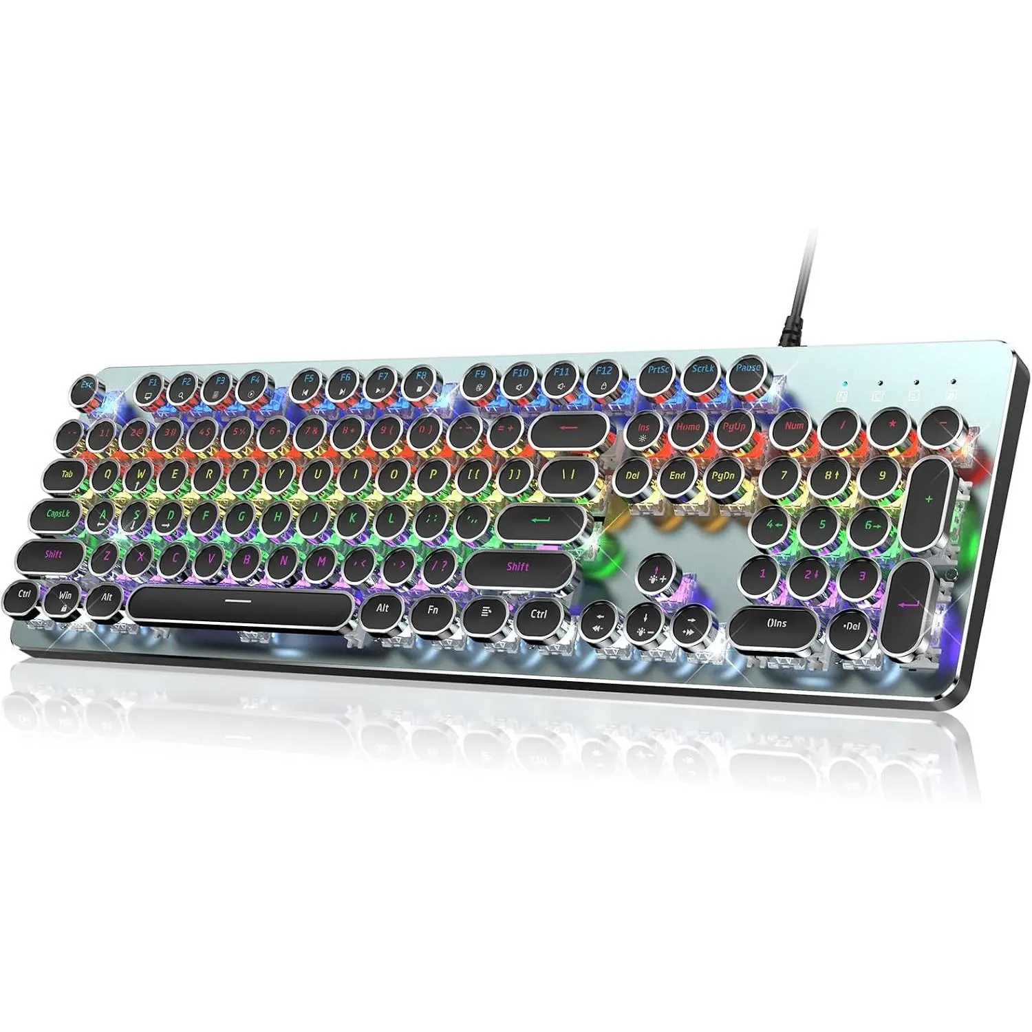 Typewriter Style Mechanical Gaming Keyboard with Metal Panel, Retro Punk Round Keycaps, Clicky Blue Switch, Rainbow LED Backlit, 104 Keys Wired for PC Laptop Mac GamerGift