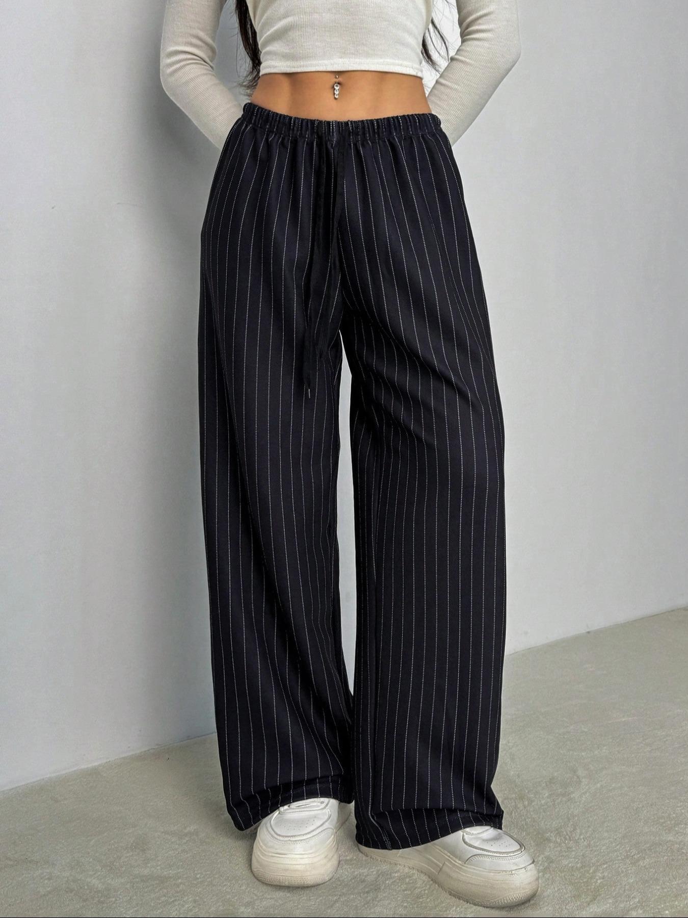 Women's Stripe Print Woven Wide Leg Pants, Casual Comfy Trousers for Daily Wear, Ladies Bottoms for All Seasons