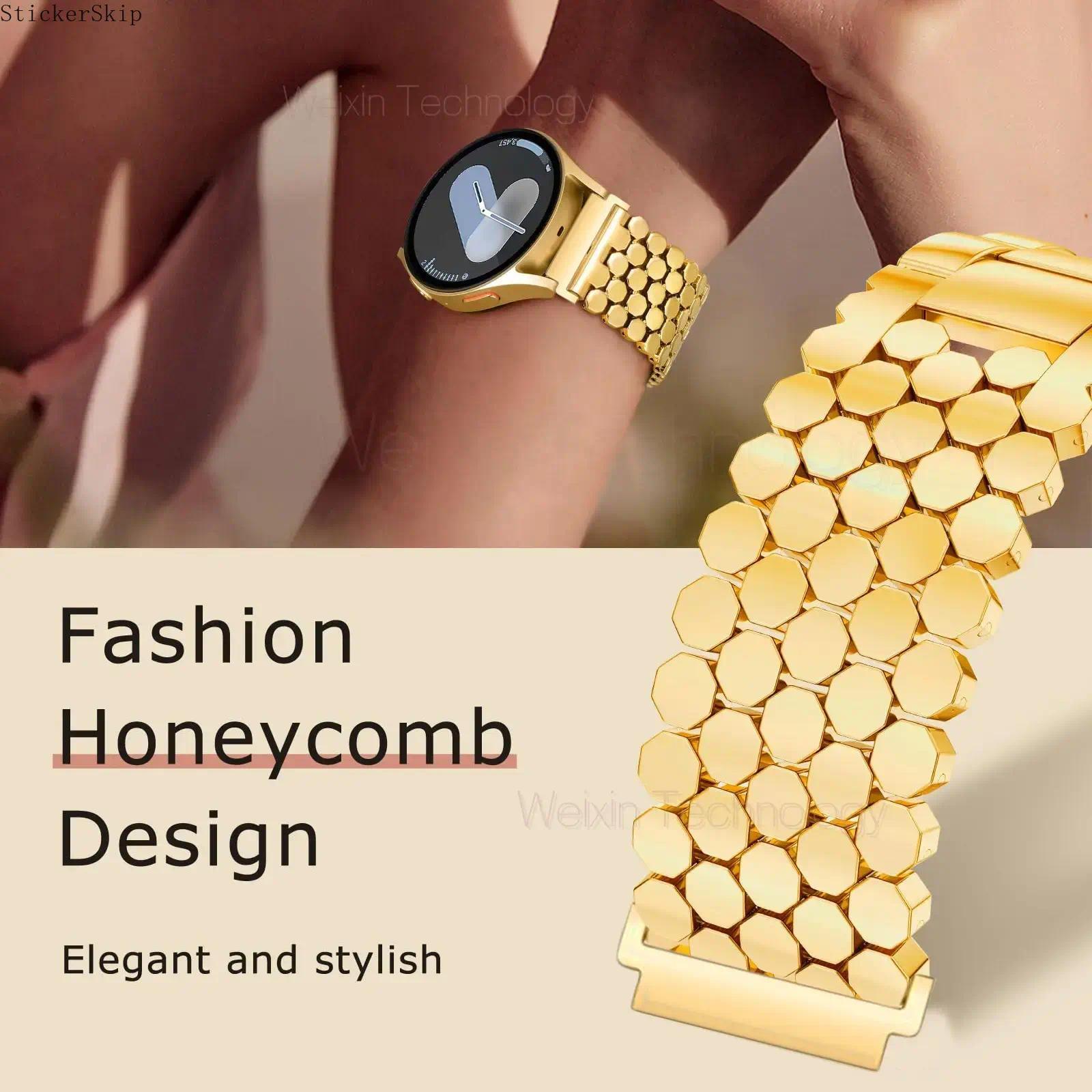 2026 NEW  Luxury metal strap, Smart watch strap, compatible with Samsung Galaxy Watch 7 6 5 4 FE 40mm 44mm/Watch 6 Classic 43mm 47mm/Watch 5 Pro 45mm, 20mm metal gold chain honeycomb luxury chain bracelet strap tool free for men and women