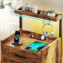 Sikaic LED Nightstand with Charging Station Brown Wood Bedside Table 2 Drawers 2 USB Ports RGB Lights for Bedroom Living Room Modern Storage Shelves & Hooks