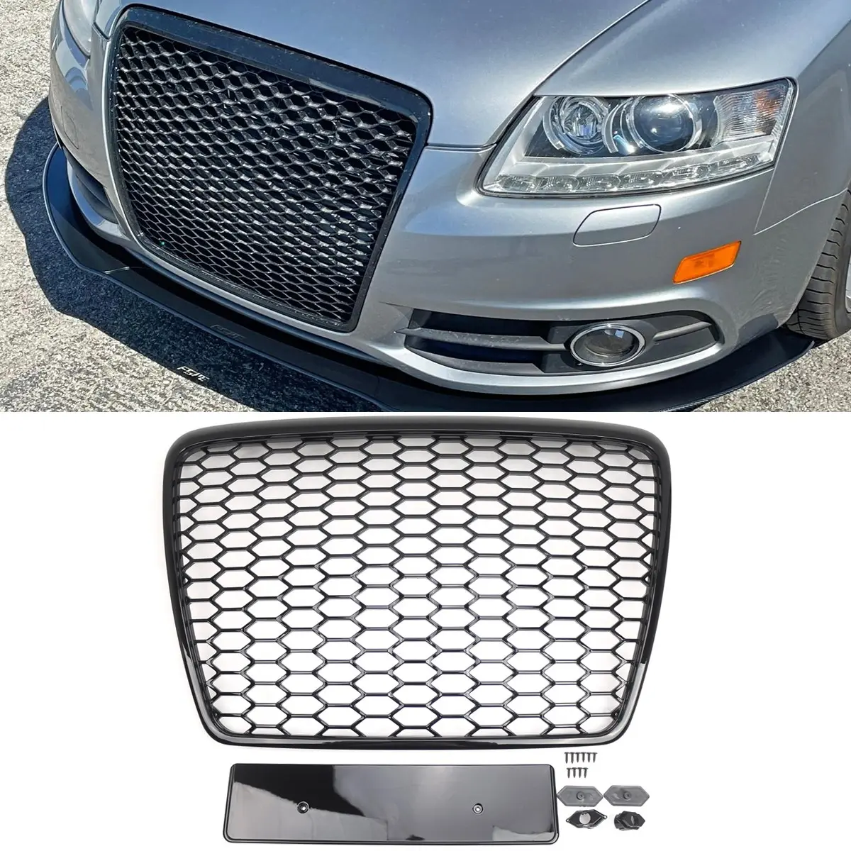 RS6 Style Black Honeycomb Front Bumper Grille for Audi A6 S6 C6 C6 Facelift (2005-2011), Removable Plate, Enhance Look & Styling Upgrade Auto Replacement Part