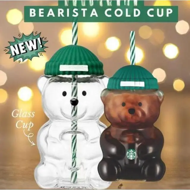 Holiday Collection Viral Bearista Cold Cup, Cute Teddy Bear Glass CUp With Green Beanie-Style Lid & Stripped Straw, Nostalgia Coffee Mugs, Beer Wine Cocktail Drinks Glassware, New Model Bear Glass Cups