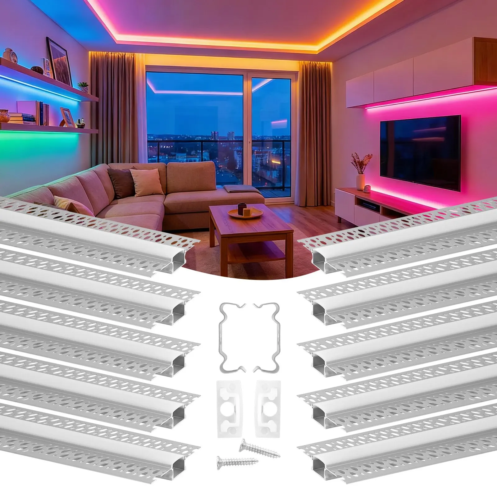 【toolupgrade】VEVOR Recessed Trimless Plaster-in LED Aluminum Channel 10-Pack (2m/6.6ft), Milky Cover Diffuser with End Caps, Mounting Clips for Wall/Ceiling Light-Diffusing Profile
