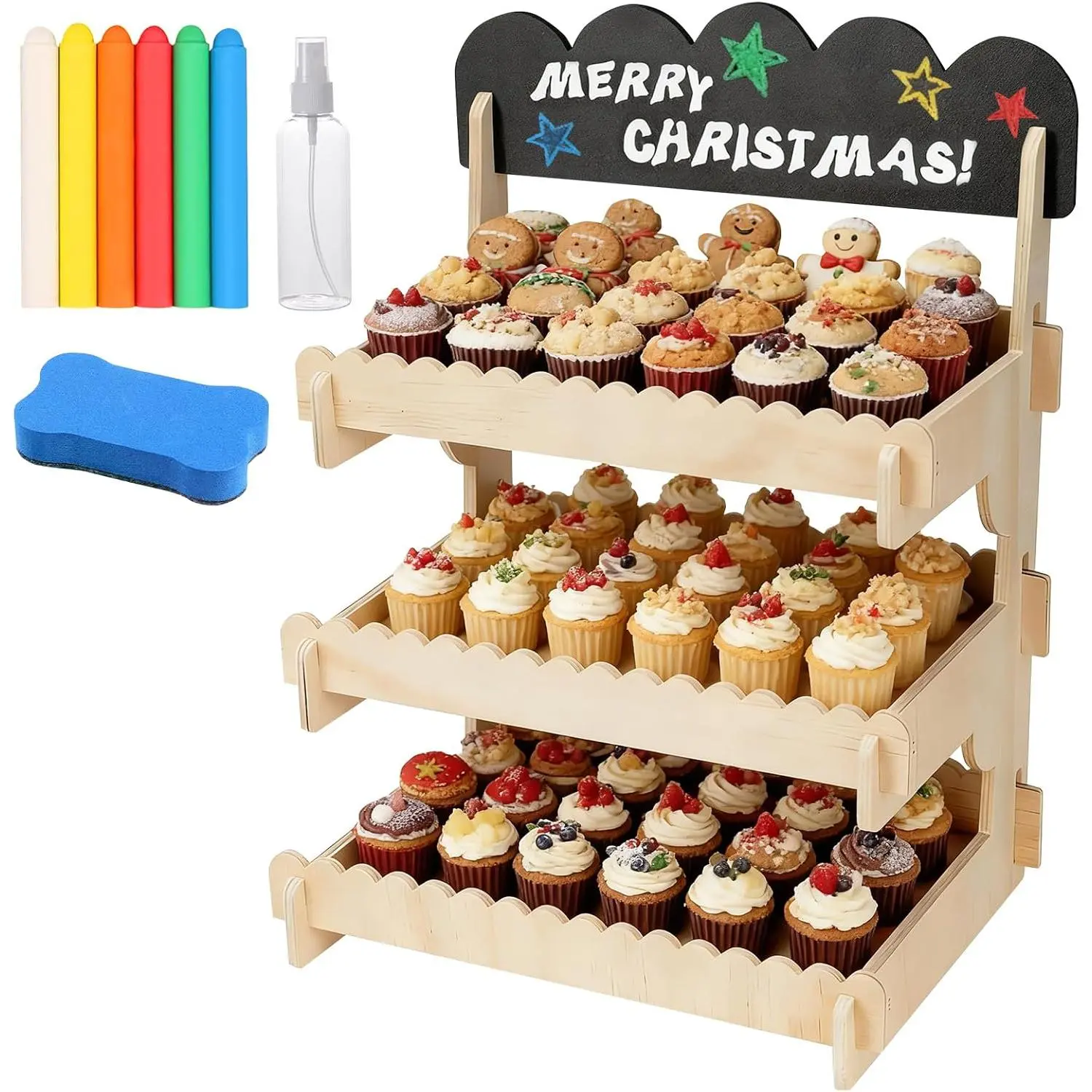 Cookie Display Stand, Sturdy Tiered Wooden Cookie Stand with Chalkboard Sign, Tool-Free Assembly for Cupcakes, Muffins, Pastries, Market Booths and Events
