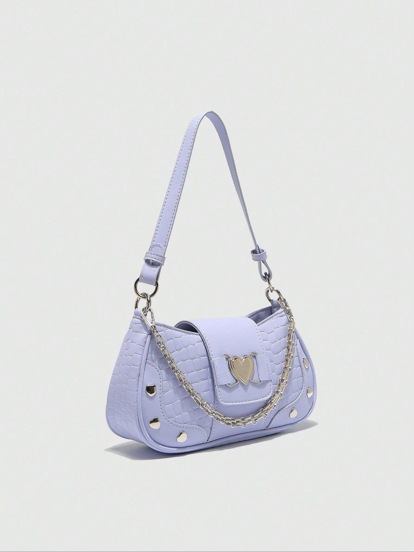 Women's Fashion Chain Decor Shoulder Bag, Heart Decorated Crocodile Textured Pu Leather Bag for Daily Used, Trendy All-match Underarm Bag, Cute Y2k Punk Style Hobo Dumpling Bag, Casual Zipper Purse, Chic Chain Crossbody