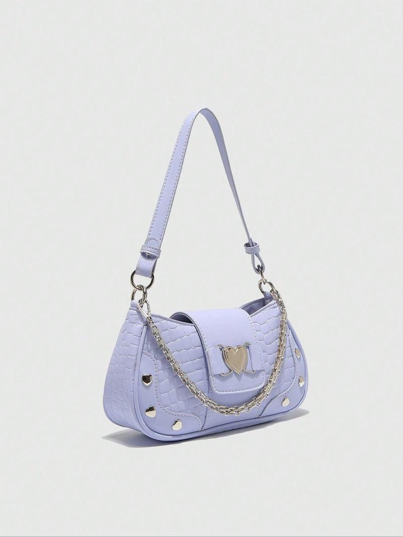 Women's Fashion Chain Decor Shoulder Bag, Heart Decorated Crocodile Textured Pu Leather Bag for Daily Used, Trendy All-match Underarm Bag, Cute Y2k Punk Style Hobo Dumpling Bag, Casual Zipper Purse