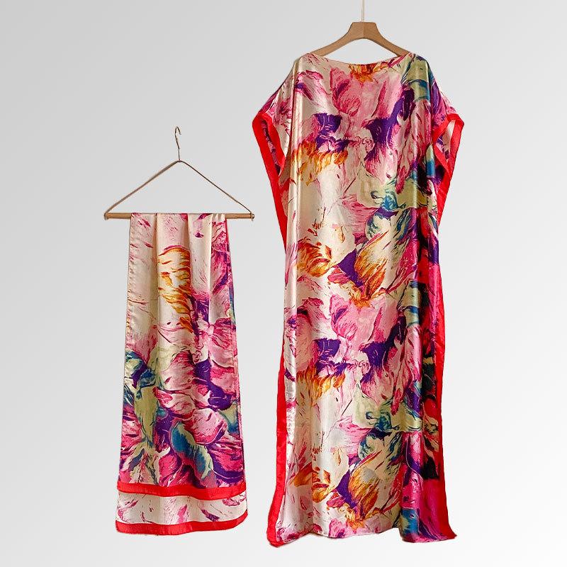 Women's Floral Print Long Dress & Scarf Set,Boho Casual Shawl Dress & Scarf Set for BeachVacation Holiday, Ladies Clothes for AllSeasons