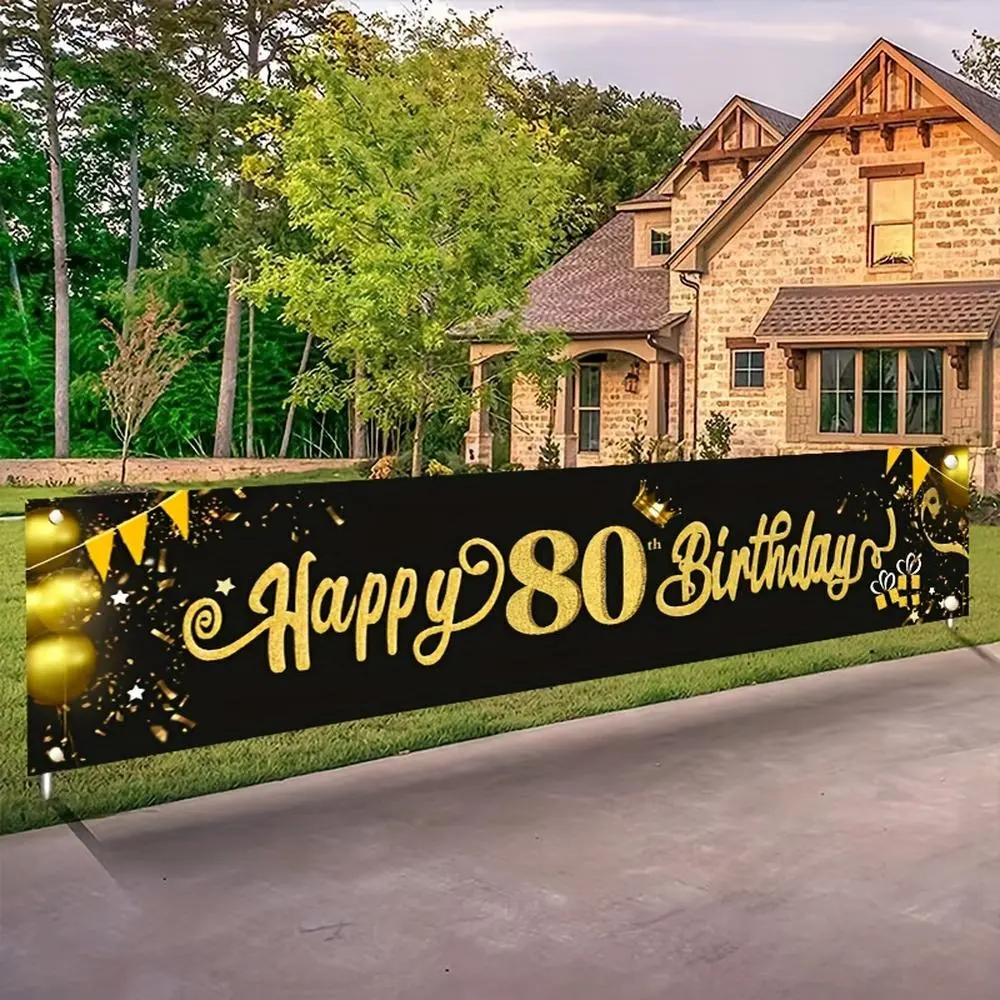 2D Flat Polyester Photography Backdrop Banner, HD Digitally Printed Black and Gold 80th Birthday Decor, Soft Lightweight Foldable Gender-Neutral Festive Photo Booth Party Supply