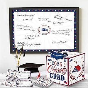 Graduation Decorations Red Blue White 2026 - Giant Guest Book Alternative,Graduation Cards Box with 36PCS Graduation Advice Cards,Signature Board Congrats Grad Decorations Supplies 2026