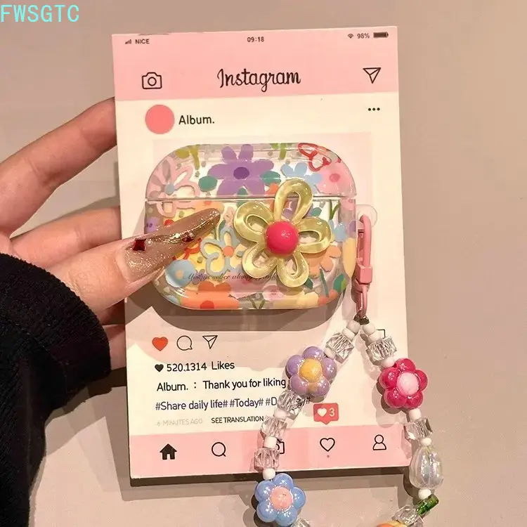 Cute 3D Flower Transparent AirPods Case With Beaded Strap Shockproof Anti-Drop Lightweight Protective Earbud Cover Daily Commute Fashion Accessory summervibes