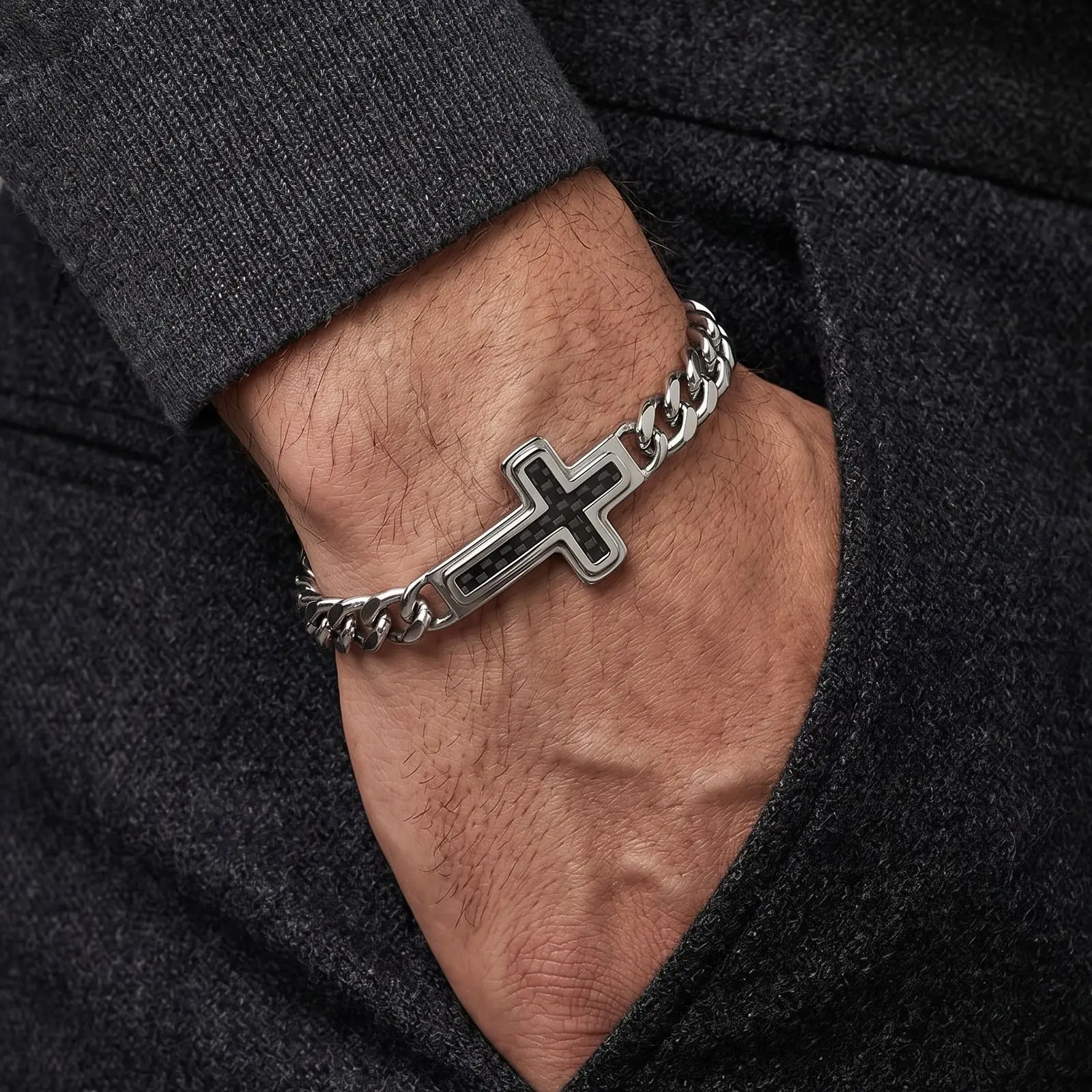 Cross Cuban Link Bracelet, Hip Hop Streetwear Style, Carbon Fiber Inlay Design, Chunky Chain Jewelry, Everyday Edgy Wear, Trendy Statement Piece