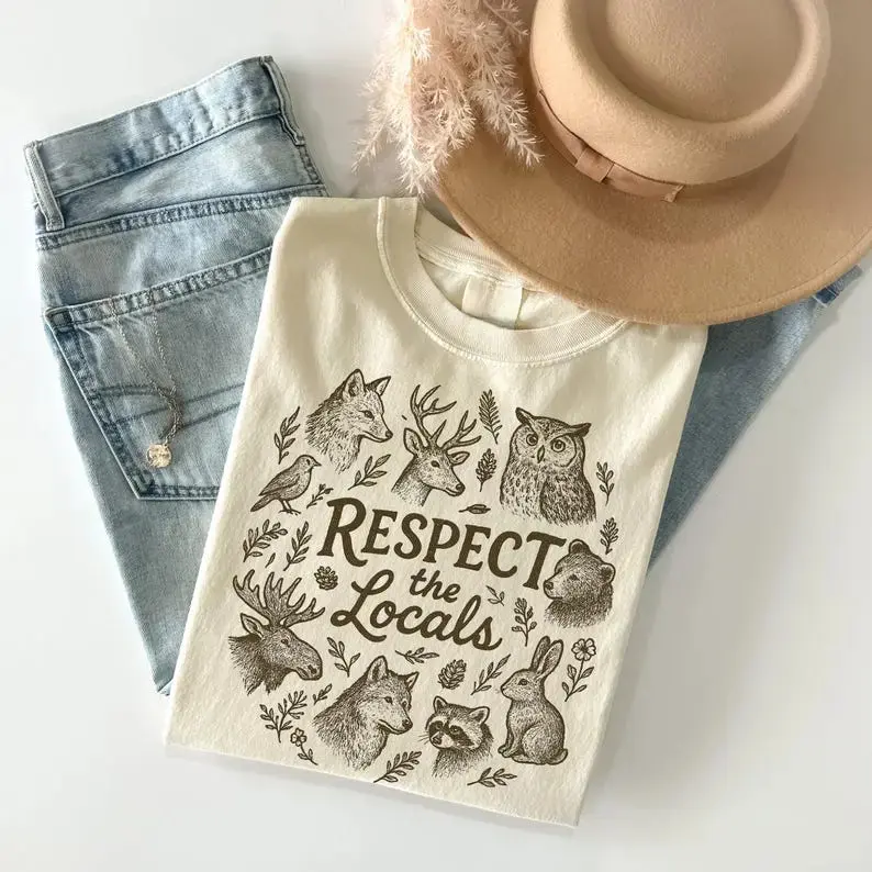 Casual Round Neck National Park Vintage T-Shirt - Respect The Locals Camping Tee, Funny Animals Print, Gift For Camping Lovers, Nature Mom Top, Quality Fabric, Nature Print, Streetwear, Tshirt, Lady, Women, Short Sleeve, Outdoors, Crew Neck, Cartoon, Clot