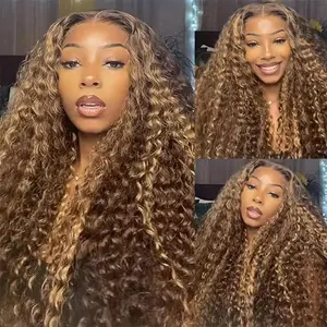 Honey Blonde Ombre Highlight Lace Front Wig Human Hair 13x6 Deep Wave HD Lace Curly WIG