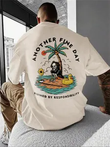 Men's Skull & Beach Print Round Neck Tee, Regular Fit Casual Streetwear Short Sleeve T-shirt, Men's Summer Top for Daily Wear, Tropical, Island, Menswear, Long, Clothes, Casual Printed