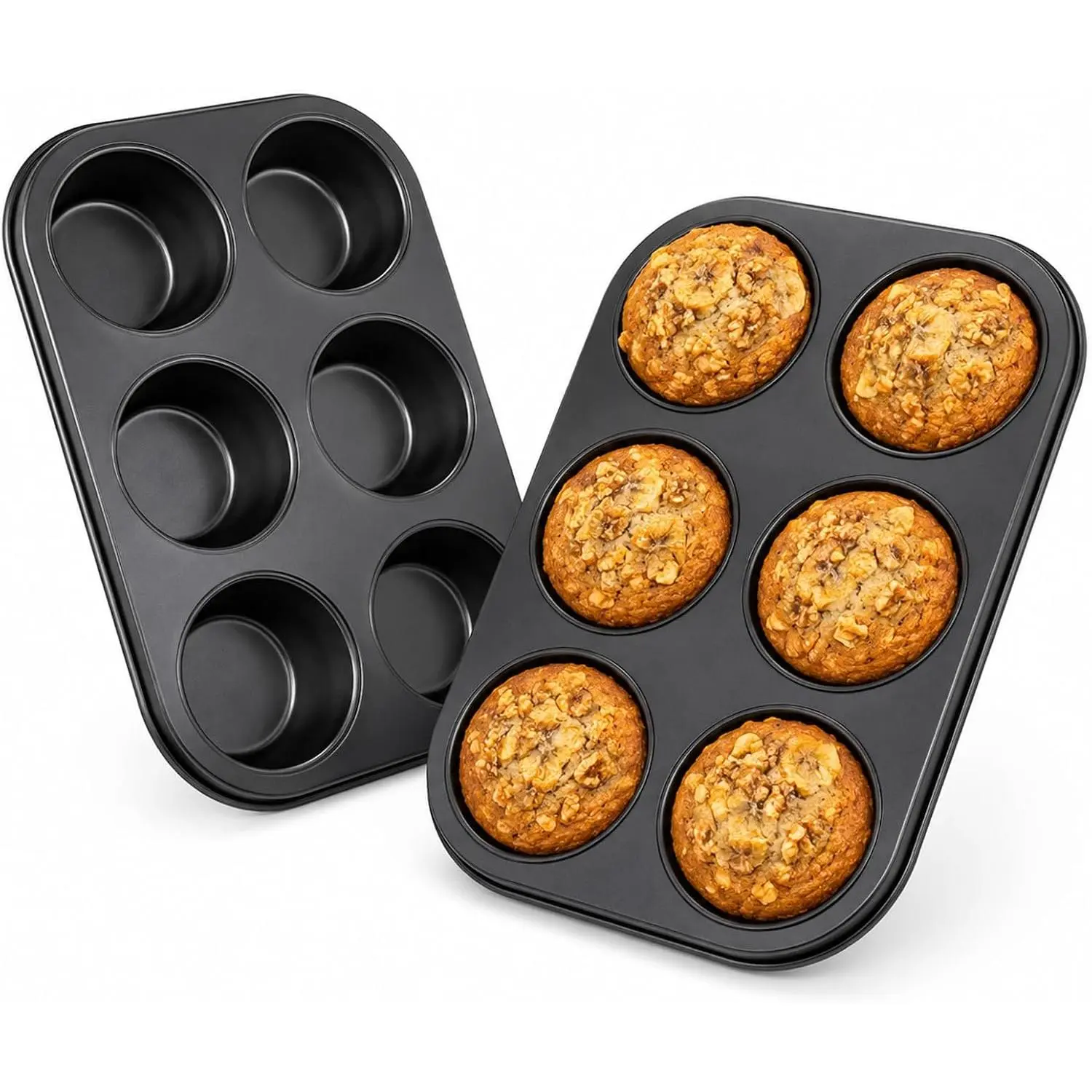 Non-Stick Muffin Baking Pan,6-Cup cake Pan Set of 2(Black) | Even Heat Distribution,Rustproof & Dishwasher Safe,-Grade 304 Stainless Steel Muffin Mold for  Baking,Ideal