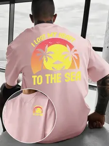 Men's Vintage Sunset Beach Print T-Shirt, Oversized Loose Short Sleeve, Summer Casual Streetwear Top, Geometric Pattern, All Seasons