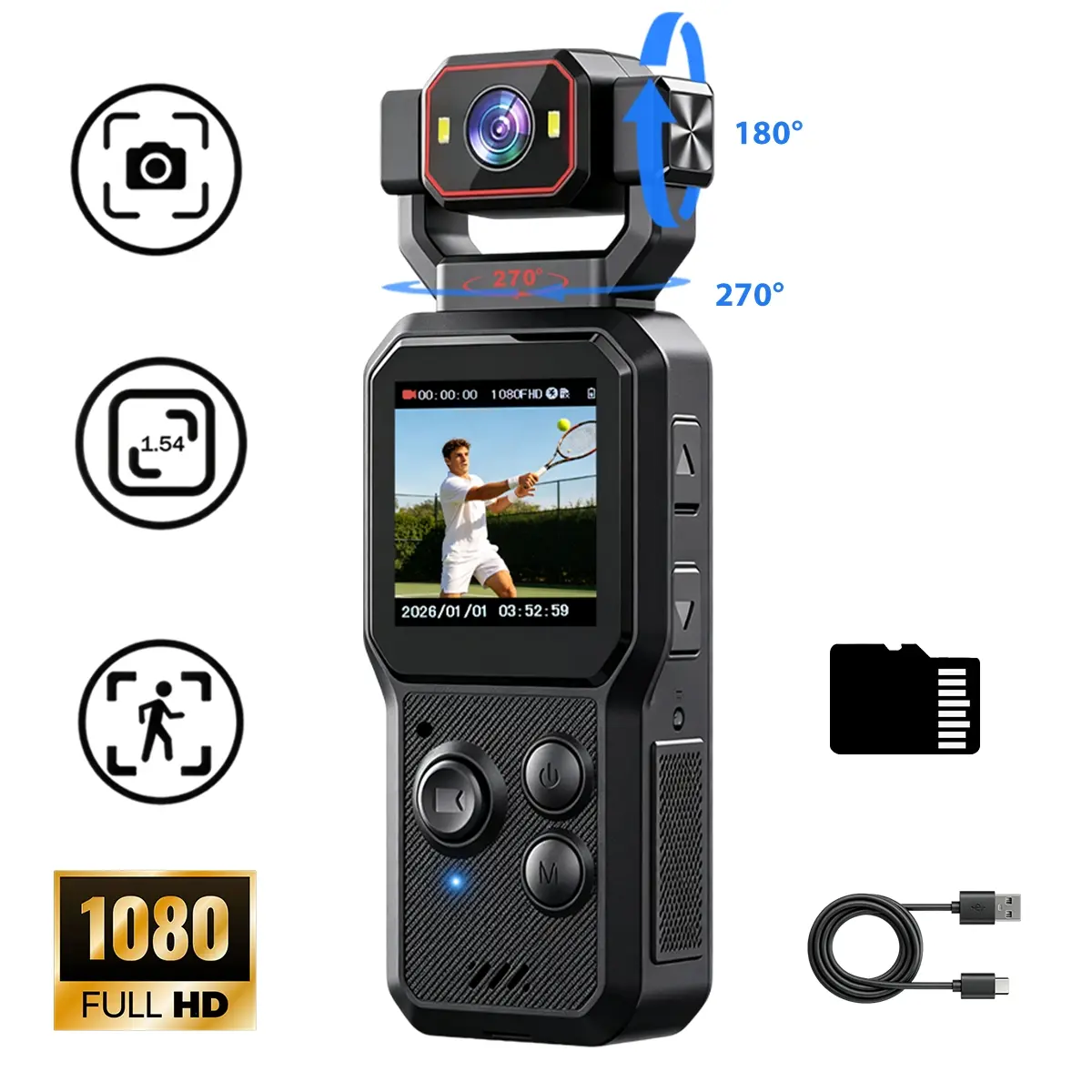 Portable Action Camera with 270° Rotatable Lens, 1080P FHD Video Recording, 6X Digital Zoom, WiFi App Connection for Easy Sharing, Dual LED Fill Light, Handheld Vlog Camera for Travel, Daily Recording and Content Creation