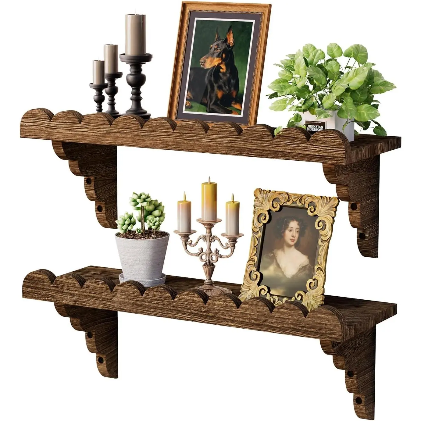 Scalloped  Wall Shelf – 17 Inch Floating Shelf with  Brackets, Easy to Install Rustic Wall Shelf for Living Room, Bedroom, Bathroom, or Any Space