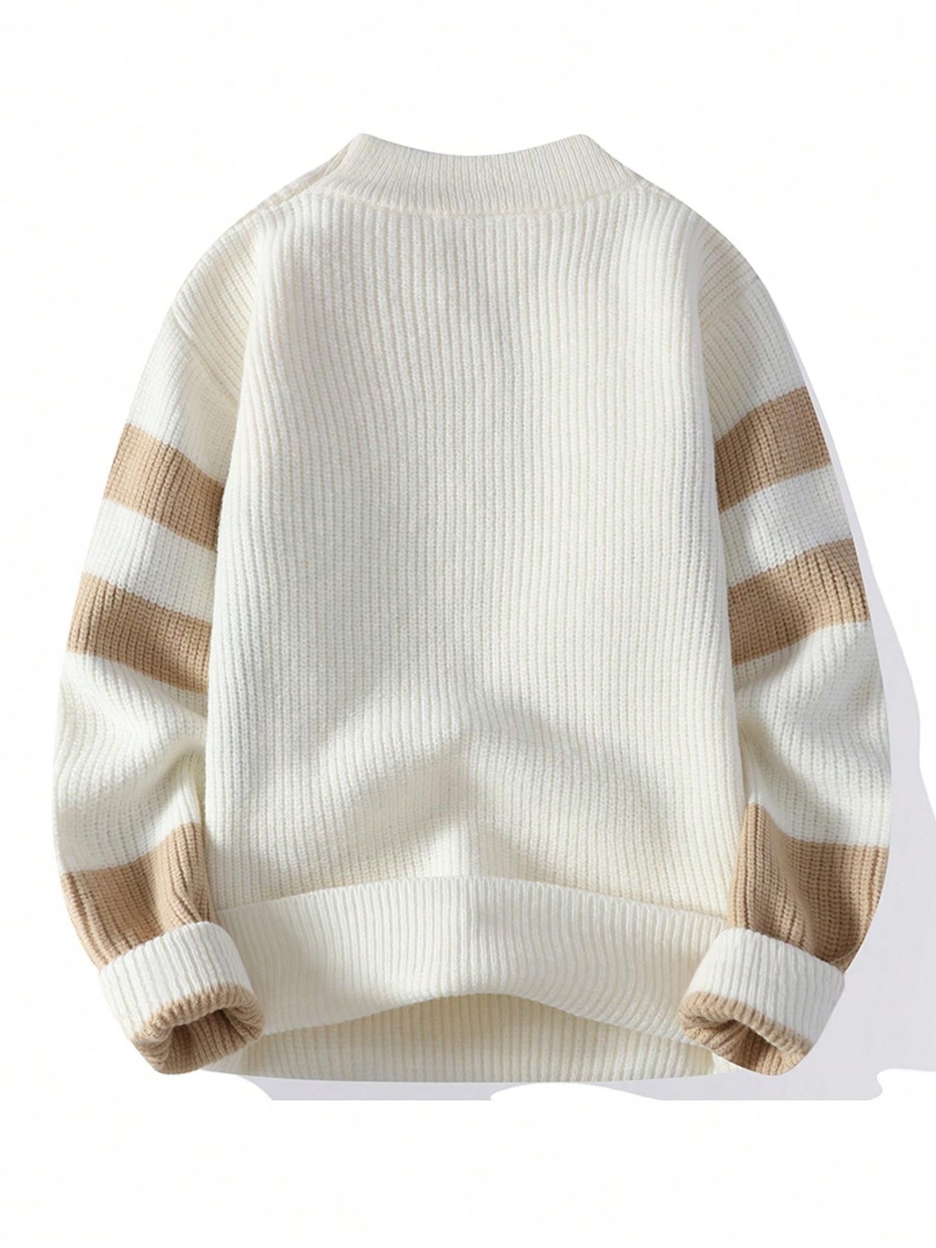 Men's Geometric Pattern Pullover Sweater, Stylish Casual Crew neck Drop Shoulder Long Sleeve Knitted Top, Color Block Striped Sleeve Design Fashion Fall Winter Inside Top Soft Warm Daily Life, Trendy Men's Outdoor Going Out Fashion Knitwear