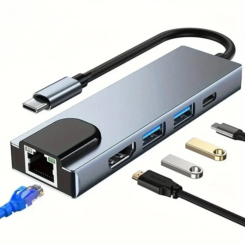 5-in-1 Multi-functional HUB Adapter Docking Station Type-C to HDTV  USB 3.0 , PD , RJ45 Ethernet Port. Expand Your Windows PC Ultra Compact Portable Design.Lightweight for Travel, Business Trips and Daily Use.