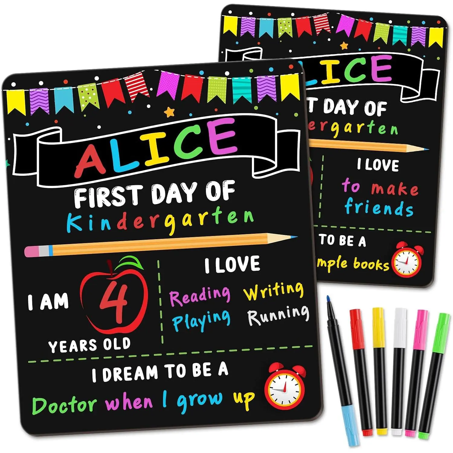 First & Last Day of School Wooden Signs with 6 Writing Pens, 10x12 in Double-Sided School Board for Girls & Boys