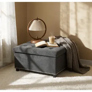 Aobtkel Storage Ottoman, Tufted Footstool, Nailhead Trim Ottoman, Square Storage Ottoman, Upholstered Coffee Table, Bedroom Storage, Living Room Accent, Dark Grey Ottoman, Small Space Furniture, Home Decor.   WL