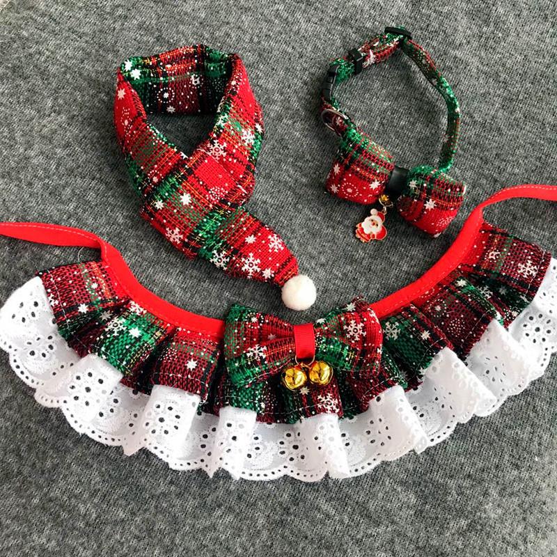 Christmas Plaid Pet Bandana Bow Tie Set - Adjustable Dog Cat Collar Accessory with Jingle Bell