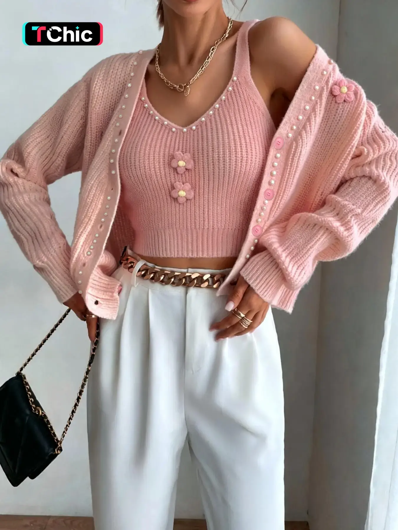 Women's Appliques Button Front Beaded Sweater & Crop Cami Set, Casual Fashion Cozy Knitwear for Outdoor Party Wear, Women Knitwear for Spring & Fall, Tops