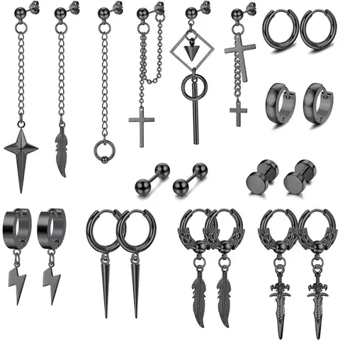 CASSIECA 22Count Stainless Steel Mens Jewelry Set Mens Statement Hoops, Unique Design Earrings, Hinged Hoops, Long Chain Studs, Cross Dangles, Huggie Earrings, Fashion Jewelry Accessories Sohochic