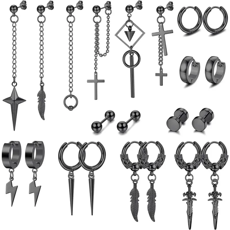 CASSIECA 22Count Stainless Steel Mens Jewelry Set Mens Statement Hoops, Unique Design Earrings, Hinged Hoops, Long Chain Studs, Cross Dangles, Huggie Earrings, Fashion Jewelry Accessories Sohochic