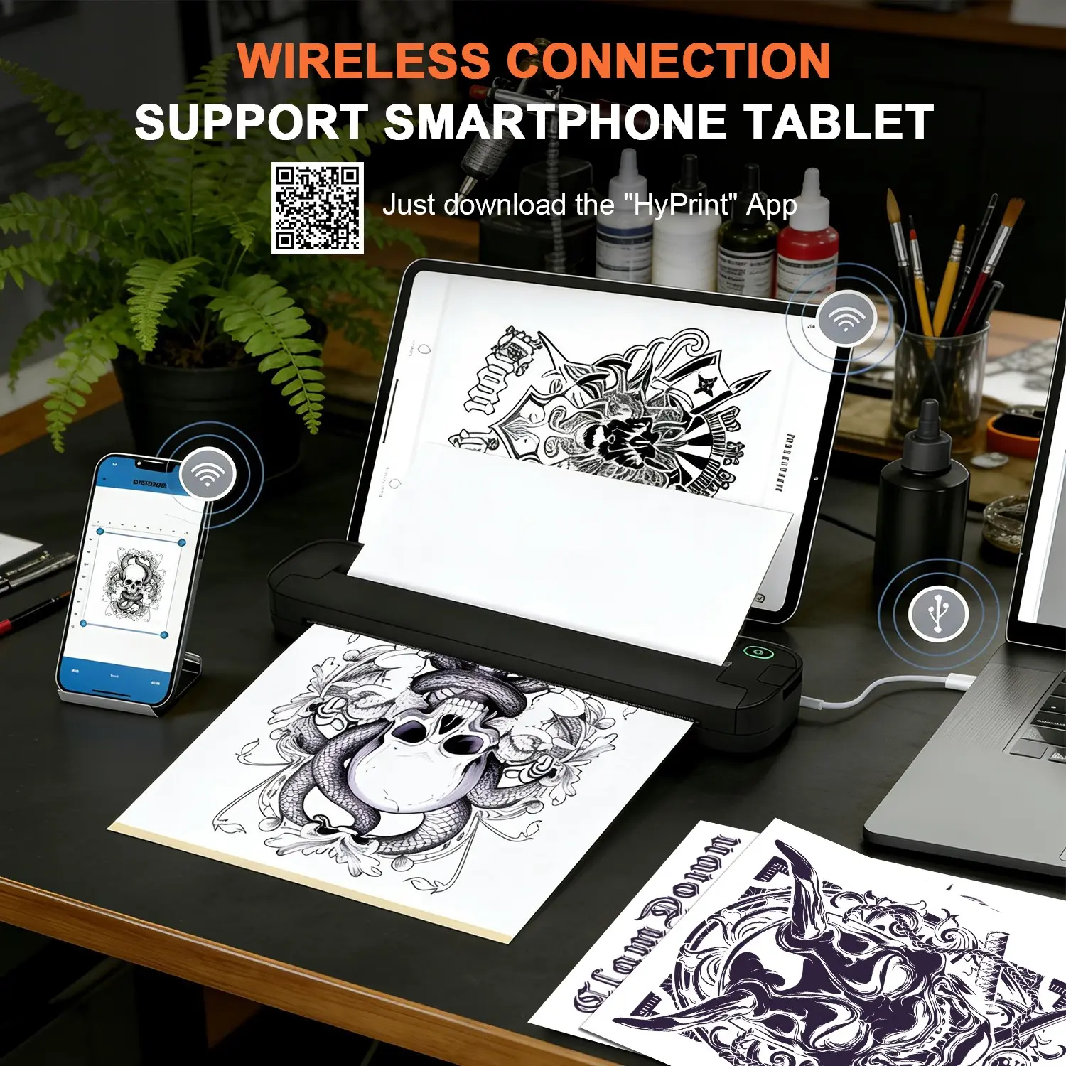 A4 Portable Thermal Printer with Auto Paper Feed, Wireless Bluetooth-compatible, Inkless, Ideal for Tattoo Stencils & Daily Docs