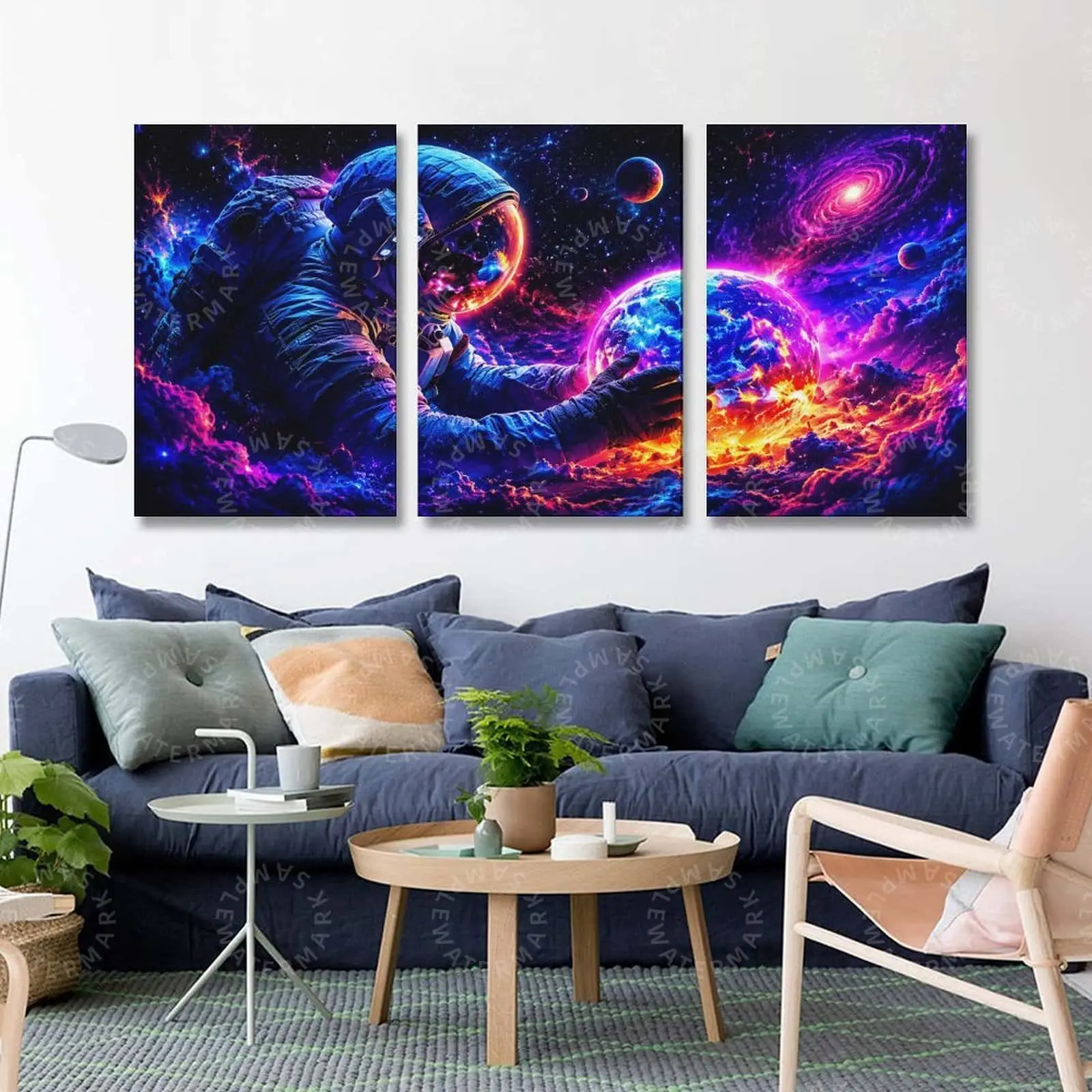 Neon Astronaut Galaxy Triptych Wall Art, Cosmic Planet Canvas Poster Set, Purple Blue Space Aesthetic Print for Bedroom, Gaming Room, Living Room, Office Decor, Sci-Fi Gift