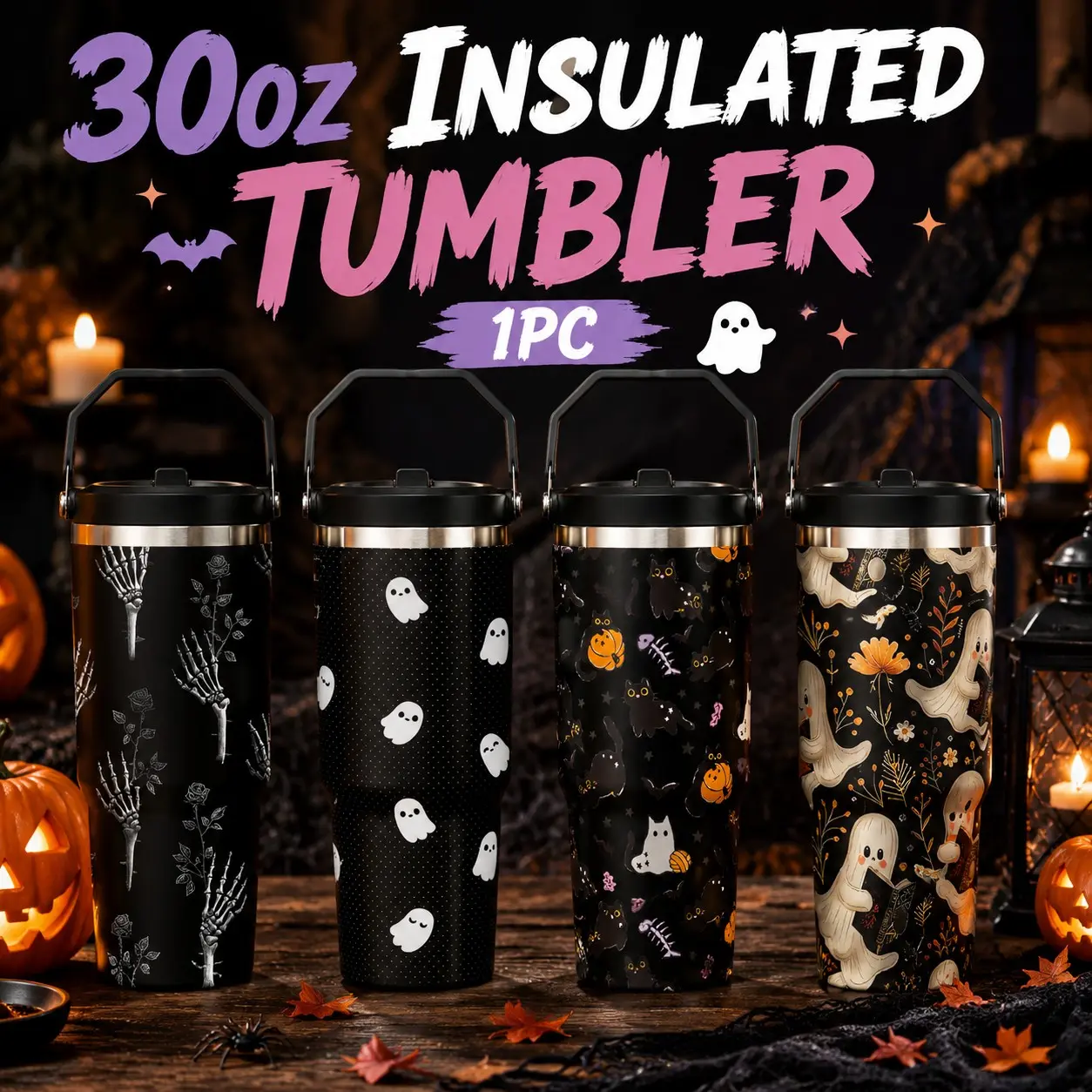1 Pc 30oz Halloween Spooky Ghost & Pumpkin Pattern Design, Insulated Tumbler with Handle, Double Wall Stainless Steel Travel Mug, Car Cup for Home Camping, Perfect Trick-or-Treat Season Gift for Women Men Friends, Autumn Party & Fall Decor Essential