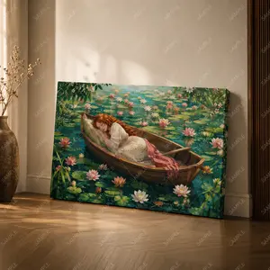 Dreamy Woman Boat Wall Art, Water Lily Lake Canvas Poster, Romantic Nature Painting Print, Bedroom Living Room Decor, Unframed Canvas Poster or Framed Canvas Wrap