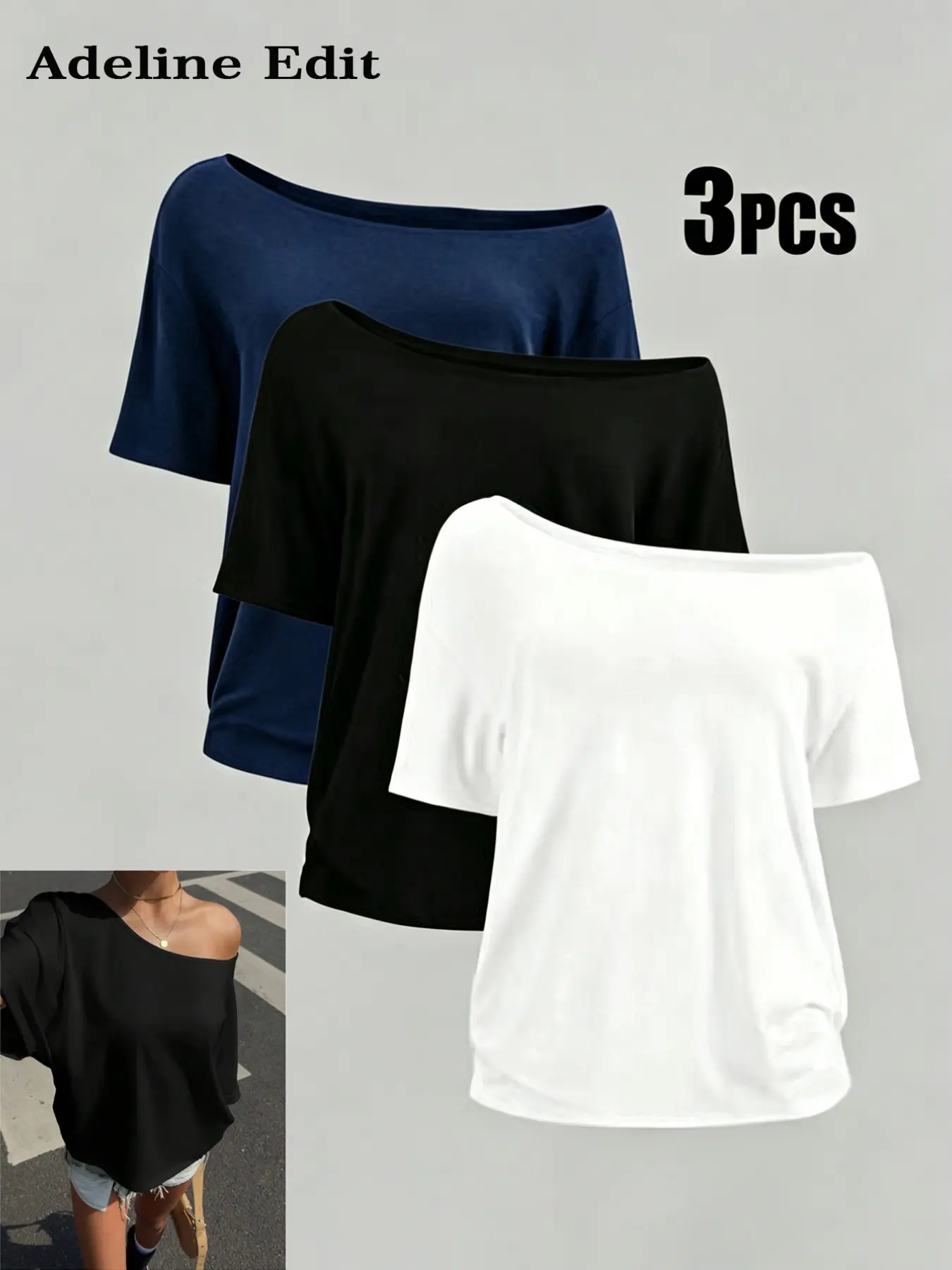 3-Pack Women's Boat Neck Off-Shoulder Short Sleeve T-Shirts, Multi-Color Versatile Asymmetrical Loose Fit Casual Top Set multi-way wear  basic basic