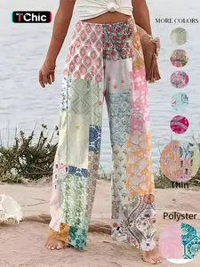 Women's Patchwork Print Elastic Waist Wide Leg Pants, Casual Loose Pants, Boho Bohemian Casual Trousers for Beach Vacation Holiday, Ladies Bottoms for All Seasons