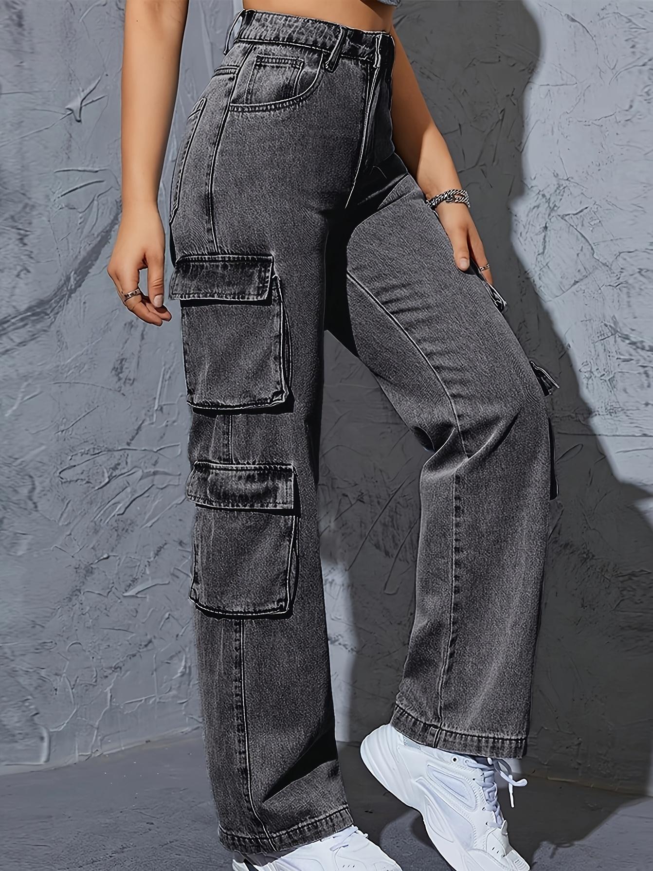 NewWomen High Waist wide leg Denim Jeans, Boyfriend Wide Leg Cargo pants, Casual Denim Baggy Pants with Pockets, Women'S Denim Jeans & Clothing Womenswear Bottom Trouser Streetwear Comfort Dark Gray Gamis