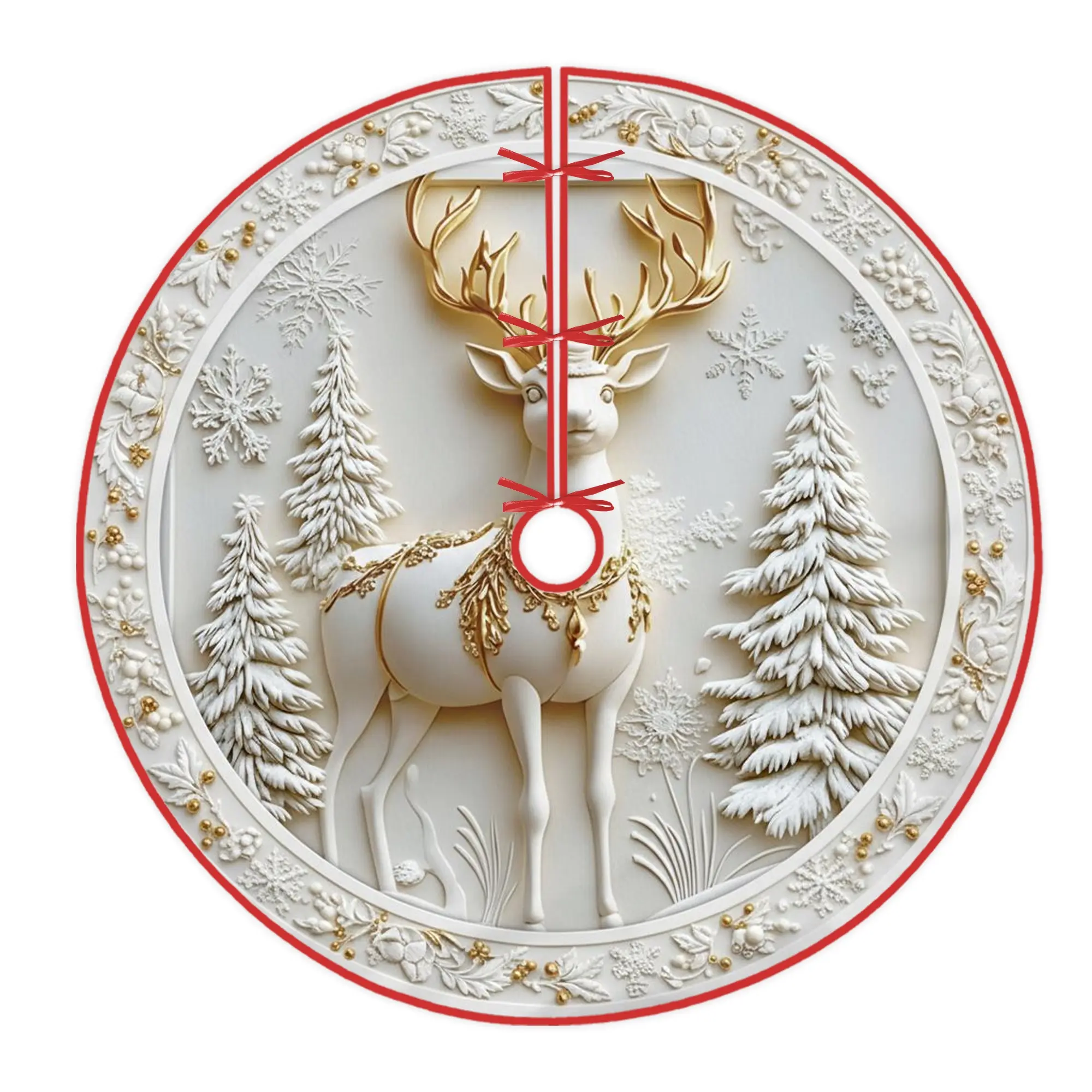 Reindeer Tree Skirt, Christmas Winter Snowflakes Pine Trees Christmas White Under Tree Holiday Decorations for Home Shopping Mall Indoor Outdoor Festival Party Decor
