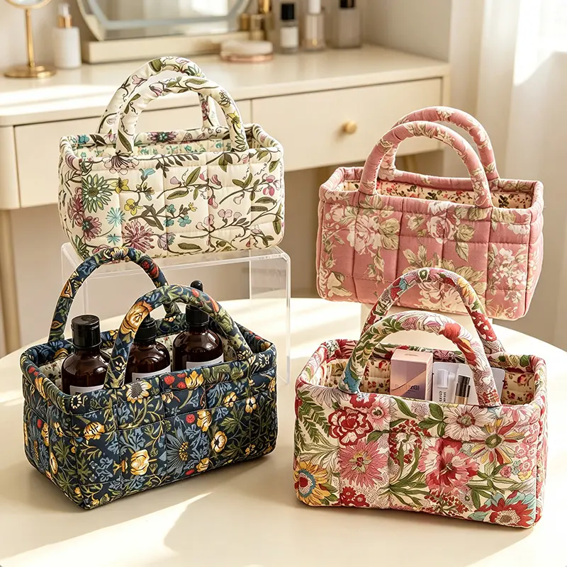 Hand Storage Basket-Multi-Color Floral Quilted Storage Tote, Vintage Floral Basket for Picnic Outdoor Use. Hand Storage Basket for Closet Clothes Storage, Floral Organizer Bin for Living Room Decor, Floral Basket for Bathroom Toiletries, Gifts