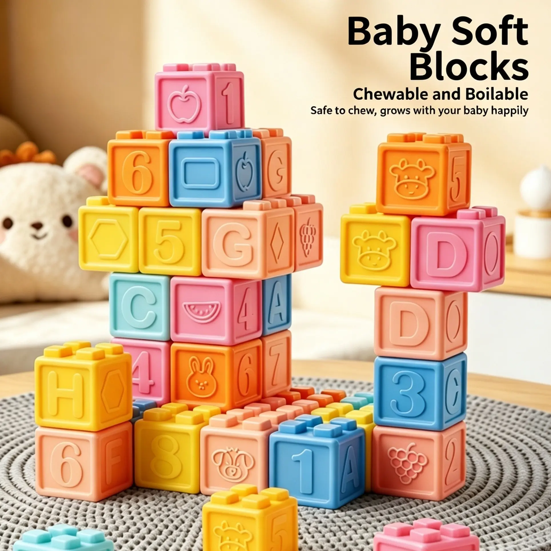 Macaron Silicone Soft Building Blocks, Stackable Assemble Blocks For Infants, Boilable Embossed Number Letter Animal Educational Toy For Toddlers