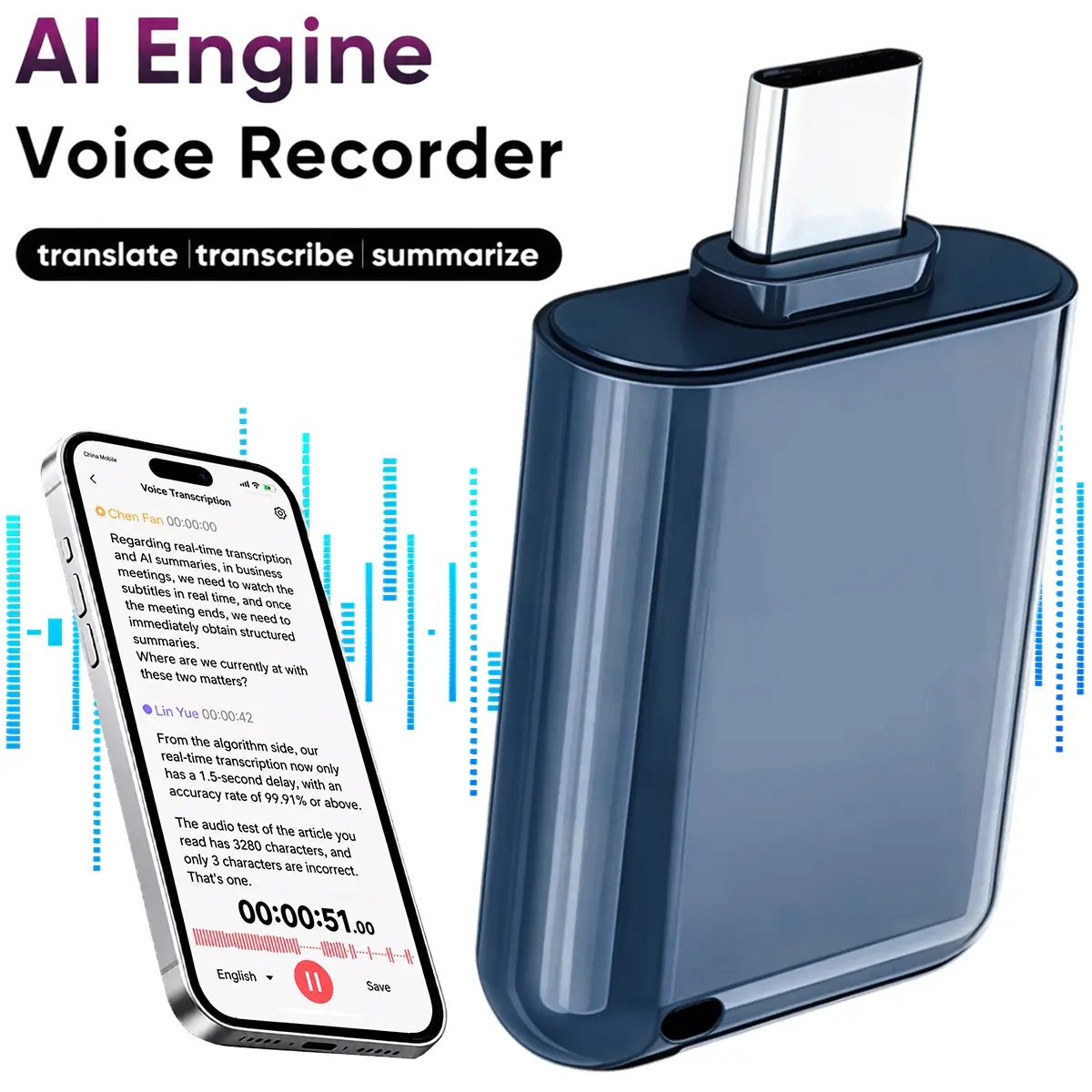 Smart Voice Recorder，Pocket AI Voice Recorder with App Control,AI Transcription & Auto Summarize, 200+ Languages Translation, HD Noise Reduction, Portable AI Note Taker for Meetings, Interviews,Calls & Lectures