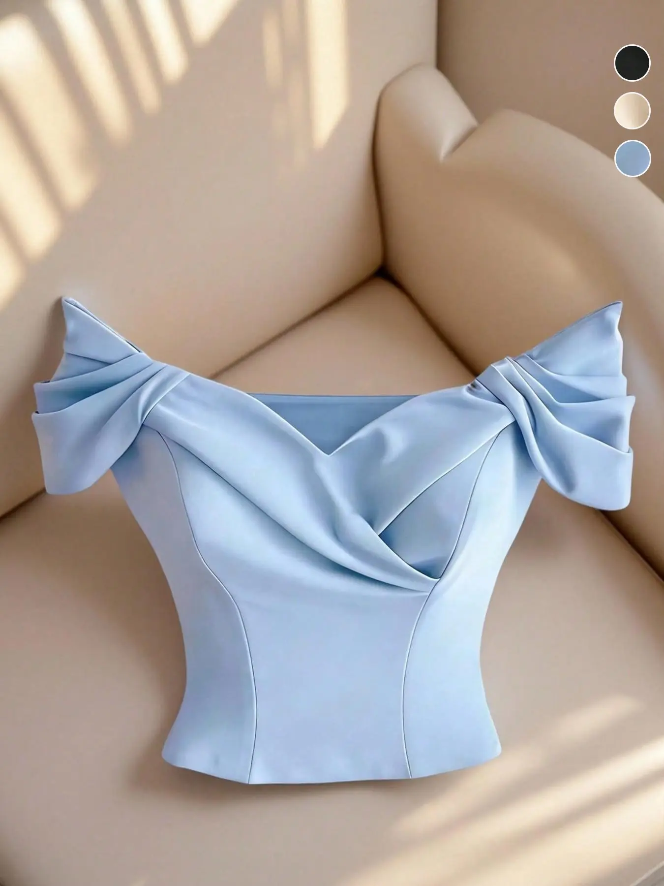 Women's three-dimensional ruched slim-fit cropped top, Blouses, off-the-shoulder design, French elegant chic style, suitable for commuting, dating, parties, weddings and other occasions
