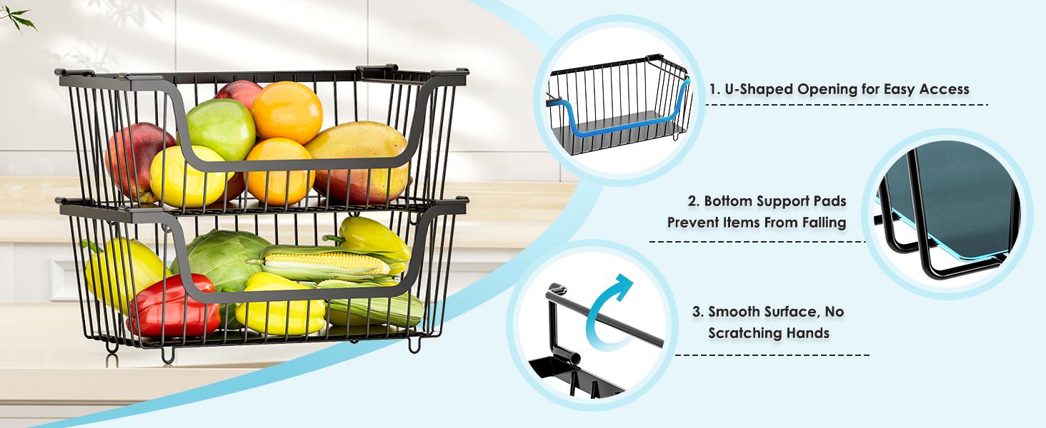 4 Pcs Stackable Wire Baskets for Pantry Organizers and Storage,Vegetable Fruit Basket for Countertop,Kitchen Storage Metal Baskets,Produce Potato Onion Storage Bin,Black