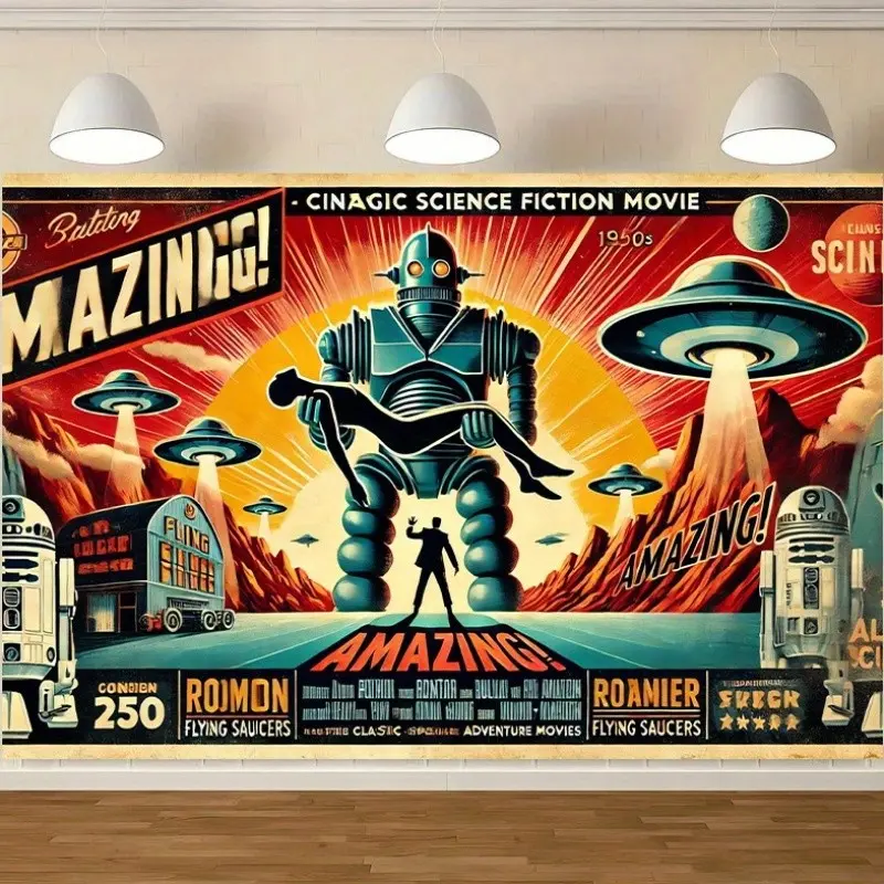 Future Tech Movie Poster Backdrop, Robot & Spaceship Wall Decor, Multi-Functional Hanging Fabric, Home Office Bedroom Decoration