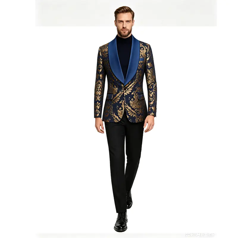 Men Luxury Jacquard Shawl Collar Blazer, Slim‑Fit Long Sleeve Elegant Jacket for Wedding Banquet