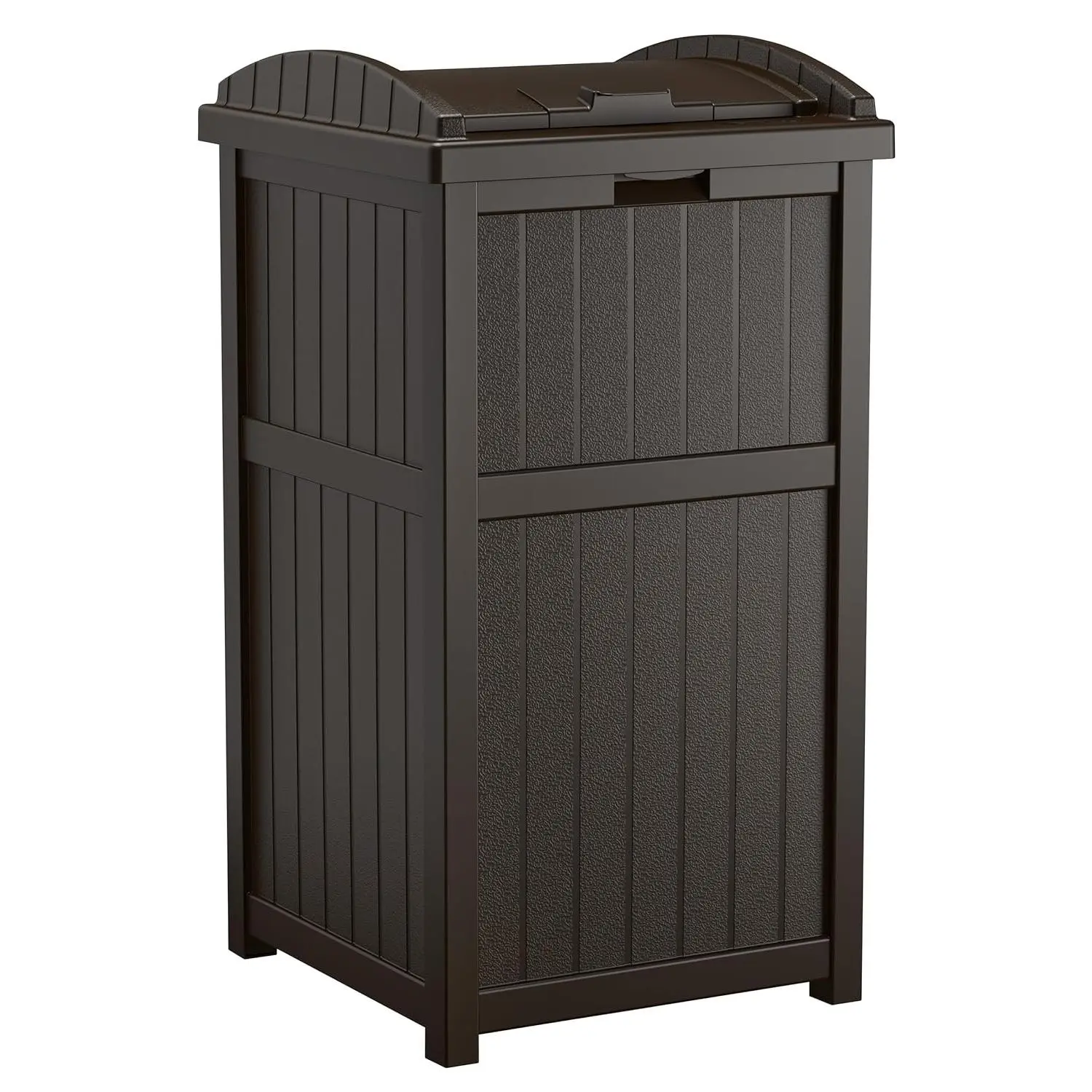 33 Gallon Durable Resin Hideaway Outdoor Garbage Can with Secure Lid and Wicker Design for Home Backyards, Decks, or Patios, Java Brown