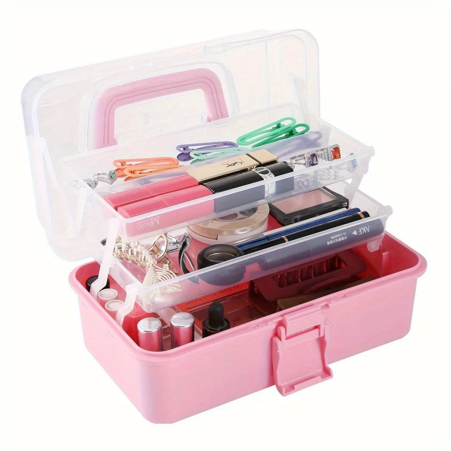 3-Tier Multi-Functional Large Capacity Storage Box, Transparent Foldable Organizer for Nail Art, Stationery, Jewelry, Sewing Tools, Stackable Durable Plastic for Crafts and Home Organization