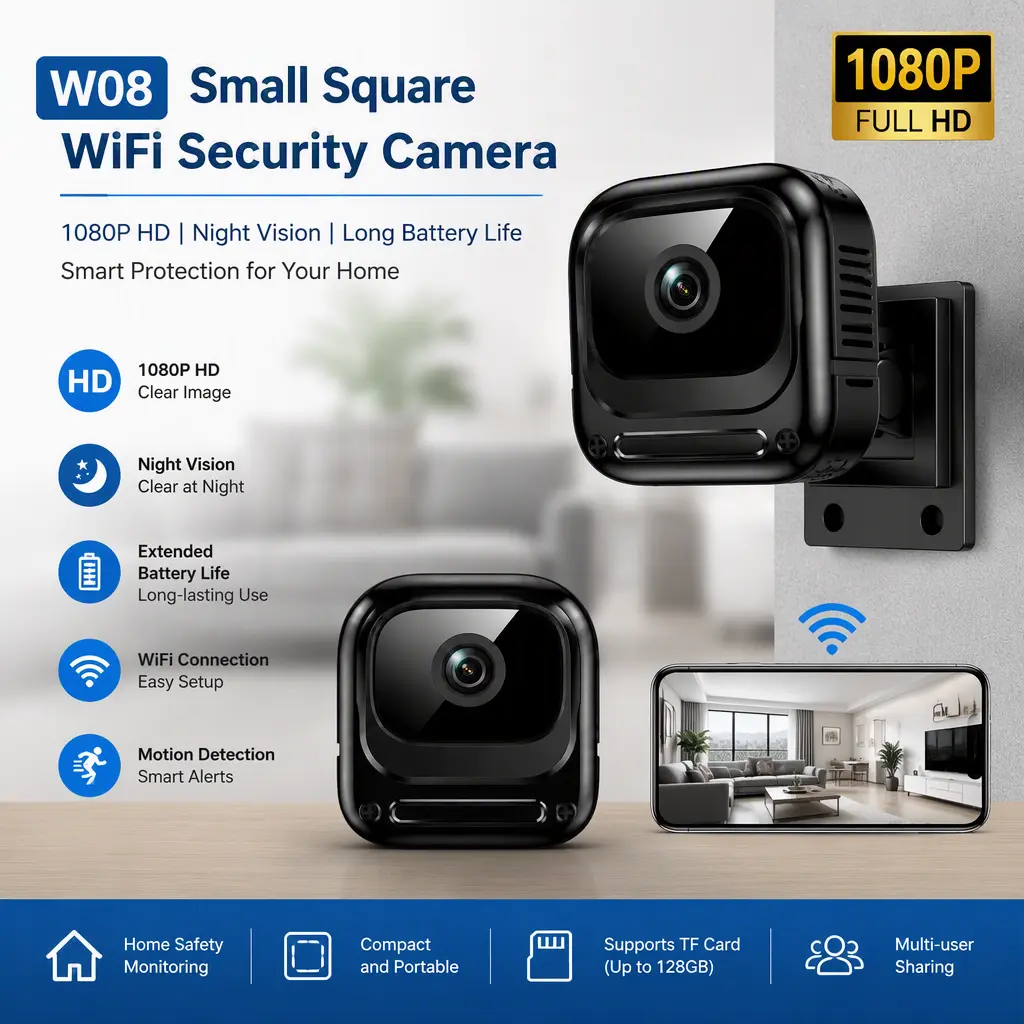 W08 Portable Square WiFi Home Security Camera, 1080P HD Infrared Night Vision Mini Surveillance Camera with Long Battery Life for Indoor Household Monitoring